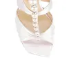 Zapatos de sandalias de satén de lujo de verano para mujer Embellecimiento de perla Peep Toe Toe vestido de novia Tacones altos Blanco negro
