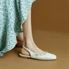 Sandals Women Flats Low Heel 1CM Elegant Pearls Shoes Cowhide Summer Closed Toe Slingbacks Femme For Spring Autumn FlatsSandals