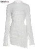 Странная Pusp Stacked сторона полые платья женщин клетки дизайн сплошной круглой шеи с длинным рукавом растягивающуюся вечерняя тенденция вечеринка тощий наряд Y220401