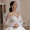 New Luxury Beads Crystals Wedding Dresses Ball Gown Soft Tulle Long Sleeve Wedding Bridal Gowns Arabic Dubai Vestido De Noiva 0328