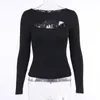 Autumn Fashion Women Sexy Hollow Out Slim Fit Long Sleeve Casual Round Neck Shirt Solid Black Tops T 5 Colors 220805