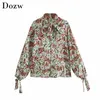 Elegant Bow Tie Women Floral Print Tops Autumn Spring Long Sleeve Blouse Ladies Shirt Fashion Work Wear Ladies Tunic Tops Blusas 210414