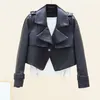 Korean SingleButton Slim Soft Faux PU Leather Jacket Women Purple Short Coat Spring Long sleeve Street Biker Jacket Female 220815