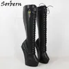 Sorbern Lockable Boots Women Thick Platform Boots 43 Heeless Shoes Lace Up Customized Locks With Key Fetish High Heel Shoes