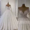 2023 bling lyx en linje bröllopsklänningar brudklänningar spets juvel hals långa ärmar illusion kristall pärlor golvlängd vestidos de novia plus storlek