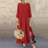 Women Vintage Maxi Dress Summer Solid O Neck Stitching Printed 3 4 Sleeve Side Buttons es Loose Casual Long Plus Size 220611