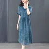 8606 # YM Novo Verão Mulheres Vestidos Casuais Com Decote Em V Manga Curta Impressão Cinto Lacing Up Ladies Solto Chiffon Vestido Azul M-XXXL