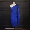 Een Schouder Sexy Feestjurk Vrouwen Mantel Mouw Designer Bodycon Avond Elegant Solid Zwart Blauw Rood Afrikaanse Robe208p
