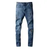 High street tendance jeans jeunes hommes haut métier déchiré patch ligne de couleur stretch slim fit jeans