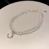 Bracelets de charme zircão de lua prateada brilhante para mulheres pulseira de pérola de água doce natural 2 camadas Coreia Casamento Bangle Luxury Jóias GiftCharm