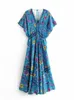 Vintage Chic Women Peacock Floral Print Bat Sleeve Beach Bohemian Maxi Dresses Robe Ladies V-neck Tassel Summer Boho Dress 220418