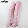Sorbern BDSM 12cm Square Heel Boots Women Platform Lace Up Crotch Thigh High Boots Goth Cosplay Fetish Boot Red Matte Customized
