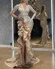 Women's Plus Size Gold Gold Mermin Mermaid Prom -jurk met lange mouwen, off -schouderavondjurken, hoge gesplitste formele elegantie