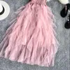 Sommar ärmlös Sling Gaze Tulle Dress Women Knit V Neck Sexig backless Long Es Sweet Mesh Pink Party Vestidos 220521