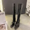 HBP outono e inverno novas mulheres botas de metal de metal elástico fino couro patenteado preto de salto grosso de salto grosso sapatos de mulher curta 220525