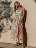 Sexy Holiday Prip tiras de verão Festa de verão Dres de cintura alta Lace Up Split maxi vestidos vneck beach vestidos 220615