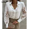 Blanc Chic évider dentelle Blouse crochet fleur broderie décoration col en V décontracté solide chemise demi bouffante manches haut en coton femmes 220707