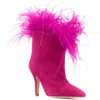 Moda-Yeni Tasarımcı Kış Devekuşu Saç Ayak Bileği Çizmeler Sivri Burun Kadın Pist Ayakkabı Stiletto Kollu Podwalk Flock Moda Kadınlar