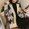 Sungtin v Nek Kleurblok Argyle Sweater Cardigan Vrouwen met één borsten vallen Zwart Wit Vintage bovenkleding Tops Kawaii 220812