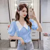 QWEEK Cottagecore Crop Top Gelbe Blusen Sommer Kawaii Puffärmel Kariertes Hemd Frauen Kariert Koreanischen Stil Mode Retro 220521