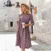 Элегантное A-Line Polka Dot Women Dress Осенняя офисная леди O-образное ремень Женщины Миди платье с полу рукава фиолетовая Вестидо 220511