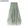 OHRYIYIE Femmes irrégulière Long Tulle Jupes Dames Taille Haute Cheville Longueur Tutu Maxi Jupes Beige Vert Femme Faldas Jupe Femme 210331