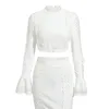 Arbeit Kleider Frauen Spitze Mode Kleid Anzug Elegante Langarm Crop Top 2 Stück Set Weiß Rock Zwei Ensemble Femme 2022