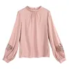 Women's Blouses & Shirts Long Sleeve Solid Silk Lantern For Women Office Lady Casual Tops 2022 Spring Fashion Lace Patchwork
