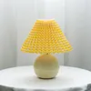 Korean Pleated Table Lamp Ceramicrattan Table Light For Living Room Home Decoration Tricolor LED Bulb Vintage Bedside Lamps