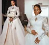 Arabskie sukienki ślubne Arabs Aso Ebi z odłączanym pociągiem luksusowe koronkowe aplikacje wysoko szyi muzułmańska królewska syrena ślubna suknia ślubna