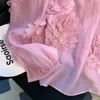 Nuovo design delle donne coreane di moda o-collo manica lunga fiori 3D patchwork colore rosa camicetta camicetta top SMLXLXXL