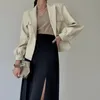 女性のスーツブレザーフォーマルスーツジャケットデザイン狭いウエストブラックファッションレザーポケットボタン女性コート春秋の女性