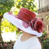 Frauen Kentucky Derby Hüte Sommer Outdoor Strand Hut Organza Blume Breite Krempe Sonnenhüte Weibliche Kleid Kappe