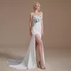 Sexy sirène robe de mariée avec haut côté fendu Satin col en v Spaghetti sangle pli formelle femmes robe de soirée de mariage CPS1992