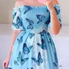Sexy Off The Shoulder Tube Top Dress Butterfly Rainbow Floral Print Dress Ladies Elegant Slim Summer Bohemian Party Maxi Dresses 220601
