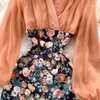 Square Collar Maxi Dress Women Solid Chiffon Puff Sleeve Dresses 2024 Korean Fashion Vintage Ruffle Temperament Slim Waist Vestidos Elegant Autumn