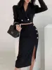 Two-piece women's dress 2022 autumn and winter office suit short jacket slit long skirt sexy dress elegant black two-piece dre T220729