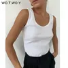 WOTWOY Summer Stretched Knitted Tank Tops Women Sleeveless Solid Casual Tee Shirt Female O-Neck Black White Cropped 220325