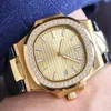 MENS Titta på PP Automatiska mekaniska klockor Diamond Wristwatch Leather Strap rostfritt stål Case Montre de Luxe Waterproof Gold WR320M