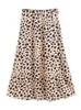 Retro hög midja leopard print satin kjol som silke sommar kvinnor elastiska mitten långa a-line kjolar femme 220317