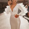Robe de mariée sirène blanche à paillettes pour femmes, Chic, paillettes scintillantes, manches longues, décolleté en v profond, robes de mariée, 2022