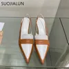 SUOJIALUN Spring Brand Woman Slingback Shoes Fashion Mix Color Ladies Elegant Med Heel Pointed Toe Slip On Sandal Mules Shoe 220504