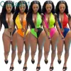 Sexy Women Contrast Color Swimwear Open Back Bathing Suit Solid Color One Piece Jumpsuit Bikini Shorts Swimsuit