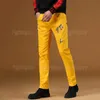 캐주얼 남성의 긴 바지, 면화 세부 사항, 봄, 여름 패션, 스트레치 스타일, 노란색 빨간색 수 놓은 청바지