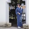 Japanse etnische kleding vrouwen bloemenprint kimono elegante gewaad blauwe jurk traditionele kleding sakural v nek oosterse jurk Aziatisch kostuum