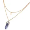 DHL Natural Stones Favor Moon Pendants Necklace Double Layer Gold Link Chains Women Crystal Quartz Bullet Hexagonal Prism Point Healing Charm Jewelry B0507