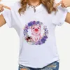 Kvinnors t-shirt gris serie kreativ wonen modern streetwear krans av lila blommor tryckta kläder utsökt design