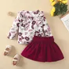 Clothing Sets Spring Autumn Toddler Baby Kid Girl Clothes Set Floral Print Flying Sleeve Pullover Tops And Wine Red A-Line Skirt Outfits