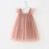 Ropa de diseñador para niños Vestidos de gasa de tul de hadas para niñas Vestido halter de red con mangas volantes Vestido de baile de princesa pomposa Boutique de verano Vestido de fiesta elegante