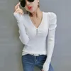 Kvinnors Blusar Skjortor Kvinnor 2022 Mode Chic Solid Färg Slank Stickad Sweater Blouse Höst Kvinnlig Elegant V-Neck Long Puff Sleeve Pullo